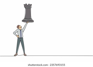 Continuous one line drawing of businessman holding rook chess piece. Concept of tactical advantage, successful entrepreneurship tactics or strategy. Single line draw design vector graphic illustration