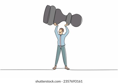 Continuous one line drawing businessman holding or lifting pawn chess piece. Concept of tactical advantage, successful entrepreneurship tactics or strategy. Single line draw design vector illustration