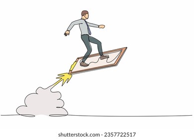 Continuous one line drawing businessman riding clipboard rocket flying in the sky. Analyze data at launch of new startup. Business contract concept. Single line draw design vector graphic illustration