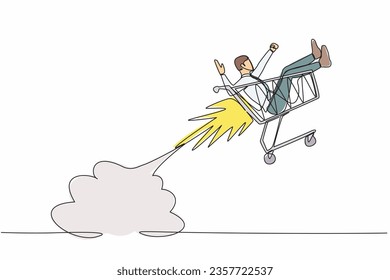 Continuous one line drawing businessman riding shopping trolley rocket flying in the sky. Happy man in supermarket, spare time, leisure, vacation, fun. Single line graphic design vector illustration