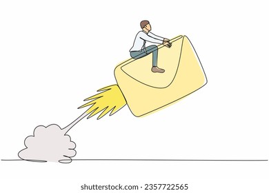 Continuo empresario de dibujo de una línea montando un cohete sobre papel volando en el cielo. Iniciar proyecto. Medios sociales, noticias, correo electrónico, concepto de desarrollo web. Ilustración vectorial de diseño de líneas simples