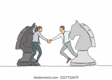 Continua línea de los competidores de negocios de dibujo en pie sobre piezas de ajedrez a caballo, manos temblando después del acuerdo de fin. Estrategia de negociación, situación en la que todos ganan. Ilustración vectorial de diseño de una sola línea