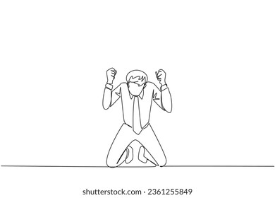 Continuous one line drawing businessman kneeling like praying. Lost hope. Businesses will bankrupt if fail to get bona fide clients. Gesture of surrender. Single line draw design vector illustration