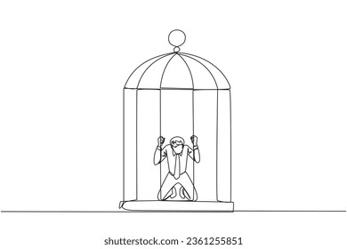 Continuous one line drawing businessman trapped in cage kneeling holding iron bars. Framed by business partner. Have to bear all the consequences. Unfair. Single line draw design vector illustration