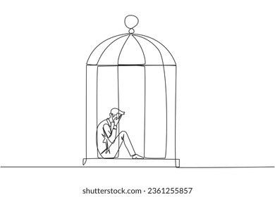 Continuous one line drawing businessman trapped in the cage sitting covering face. Feel utterly defeated. Trapped in a dirty business. Mentally tired. Lost. Single line draw design vector illustration