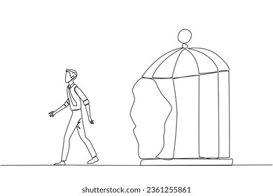 Un empresario que sigue una línea atrapado en jaulas y caminando penetra en la jaula. Metáfora que busca nuevos desafíos y experiencias para un futuro mejor. Ilustración vectorial de diseño de líneas simples