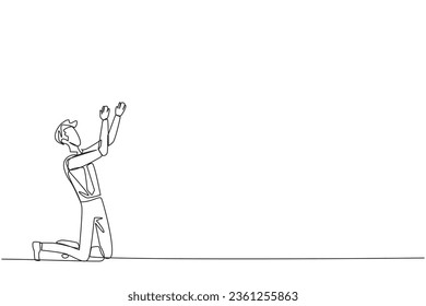 Continuous one line drawing businessman kneeling raising hands to pray. Praying to make it easier to do business. Businessman lost hope. Surrender. Sadness. Single line draw design vector illustration