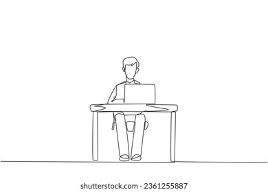 Continuous one line drawing businessman sitting and typing on laptop computer. Prepare important data to presenting in front of new investors. Hectic. Single line draw design vector illustration