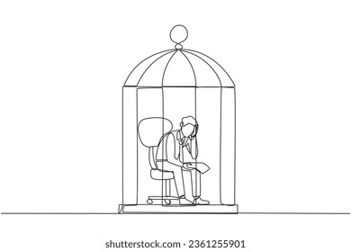 Continuous one line drawing businessman trapped in cage sitting pensively holding paper. Failed business. Read the bankruptcy statement. Frustration. Sad. Single line draw design vector illustration