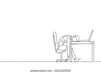 Continuous one line drawing businessman fell asleep in front of a laptop computer. Fatigue running a business. Mental health problem. Exhausted, bored. Single line draw design vector illustration