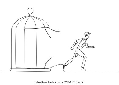Continuo giro de una línea que dibuja a un empresario atrapado en la jaula corriendo por la jaula. La metáfora penetra en el límite máximo del yo. Deseo tener éxito. Ilustración vectorial de diseño de líneas simples