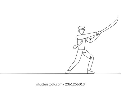 Continuous one line drawing businessman holding samurai. Stylized like samurai athlete guarding the business. Prepared to eliminate disrupt business growth. Single line draw design vector illustration