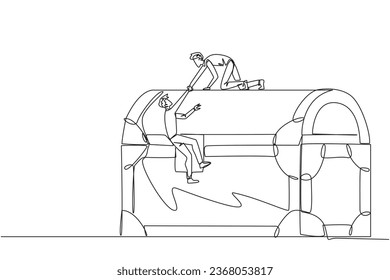 Continuous one line drawing businessman helps colleague climb a large treasure chest. Get extraordinary profits. Share equally. Stronger together. Reward. Single line draw design vector illustration