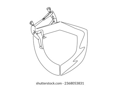 Continuous one line drawing businessman helps colleague climb big shield. Teamwork keeps colleagues safe from evil businessman. Support and help each other. Single line draw design vector illustration