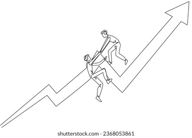 Continuous one line drawing businessman helps colleague to climb the rising arrow symbol. Help each other to achieve satisfactory targets. Grow together. Single line draw design vector illustration