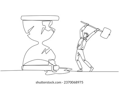 Continuous one line drawing businessman preparing to hit the big hourglass. Remove reminders. Work without rules. Undisciplined. Detrimental to the company. Single line draw design vector illustration