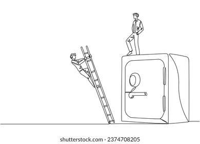Continuous one line drawing businessman kicks opponent who is climbs safe deposit box with ladder. Dropped roughly. Unable to save important files. Rival. Single line draw design vector illustration