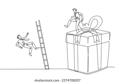 Un continuo empresario de dibujo de una línea patea a su oponente que está trepando la caja de regalo con escalera. La competencia justifica cualquier medio para obtener recompensas. Rival. Ilustración vectorial de diseño de líneas simples