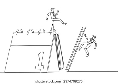 Un empresario de dibujo continuo de una línea patea a un oponente que está escalando un calendario de escritorio con una escalera. Las vacaciones serán canceladas debido a los muchos plazos. Ilustración vectorial de diseño de líneas simples