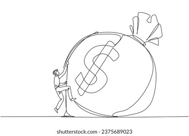 Continuous one line drawing businessman climbing money bag with rope. Work harder to get a very large retirement fund. Bring out abilities to the maximum. Single line draw design vector illustration