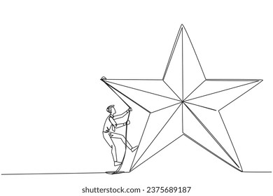 Kontinuierlich eine Linie zeichnen Geschäftsmann Klettern Stern mit Seil. Unternehmer bemühen sich besonders darum, die Ziele zu erreichen, die in den Sternen hängen. Traum wird wahr. Vektorgrafik-Design für einzelne Linien