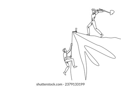 Continuous one line drawing businessman climbs cliff with rope. Almost successful. Rudely dropped by a business friend. Fake partner. The worst teamwork. Single line draw design vector illustration