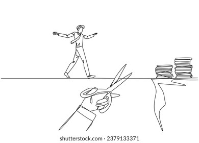 Continuous one line drawing businessman walking on tightrope from one cliff to another. Failed to move to much better place. Cheated by business friend. Single line draw design vector illustration