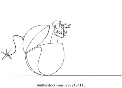 Continuous one line drawing businessman emerged from the bomb fuse burning, look for something through his binoculars. Receive dangerous alerts. Big risk. Single line draw design vector illustration