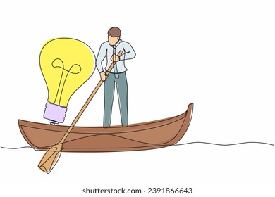 Continuous one line drawing businessman standing in boat and sailing with light bulb. Manager searching idea or vision. Success business innovation. Single line draw design vector graphic illustration