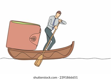 Continuous one line drawing businessman standing in boat and sailing with purse. Money management for personal use. Financial planning at company. Single line draw design vector graphic illustration