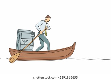Kontinuierlicher, auf einer Linie gezeichneter Geschäftsmann, der auf dem Boot mit einem sicheren Metallablagekasten segelt. Unerwartete finanzielle Möglichkeiten, Kredit, Einlagenschutz. Vektorgrafik-Einzelzeilendesign
