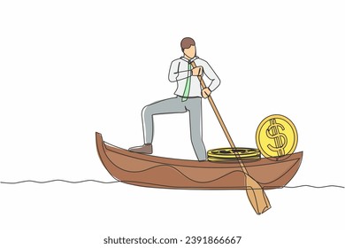 Continuous one line drawing businessman standing in boat and sailing with pile of dollar coins. Criminal stole golden coins from bank. Escape with money. Single line design vector graphic illustration