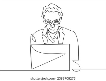 Continuous One Line Drawing of Businessman with Laptop. Man Working in Office One Line Illustration. Business Concept Abstract Minimalist Contour Drawing.