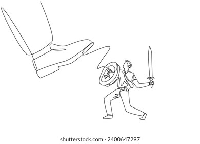 Continuous one line drawing businessman tries to ward off the giant foot that wants to step on him. Big investor destroy market prices. Preventive measure. Single line draw design vector illustration