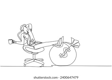 Continuous one line drawing businessman sitting relaxed in a work chair while holding a mug. Foot resting on money bag. Enjoy the results of hard work. Single line draw design vector illustration