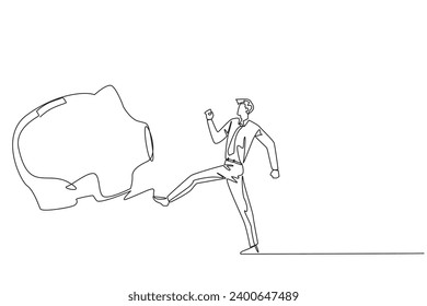 Una línea contínua que atrae a un empresario que patea un banco de cerdos. La oportunidad de invertir se desperdicia. No hay preocupación por un futuro mejor invirtiendo. Ilustración vectorial de diseño de líneas simples