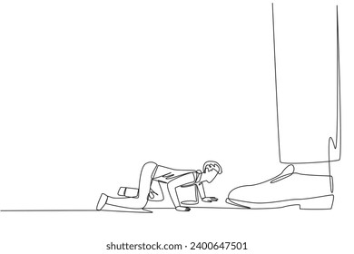 Continuous one line drawing businessman kneels and licks giant foot. Submissive. Licker. Mischievous in the company. Selfish. Destroying team cohesion. Single line draw design vector illustration