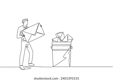 Continuous one line drawing businessman throw large envelope in trash. Throw away many application letters that do not meet the requirements. Job seekers. Single line draw design vector illustration