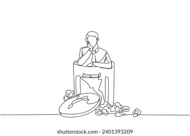 Un empresario que sigue dibujando una línea está en la basura. Pobre mentalidad. Abajo en los vertederos. Quiebra. Impotente. Los negocios no están obteniendo ganancias. Frustrado. Ilustración vectorial de diseño de líneas simples