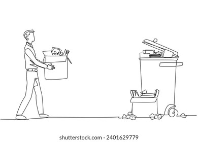 Continuous one line drawing businessman carrying cardboard box full of piles of paper to trash. Throw away unnecessary things. Focus on increasing profits. Single line draw design vector illustration