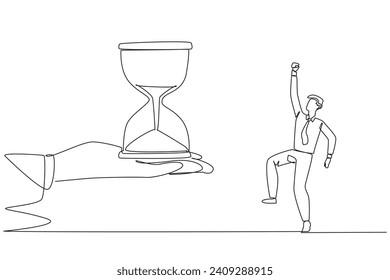 Continuous one line drawing the businessman was excited to get the hourglass from the giant hand. Concern about deadlines. Teamwork makes everything easier. Single line draw design vector illustration