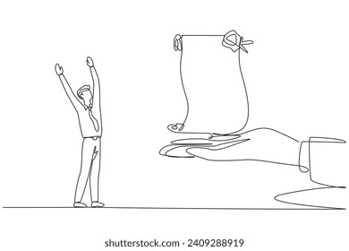 Continuous one line drawing the businessman was excited to get roll of stamped paper from the giant hand. Award as the most successful businessman. Success. Single line draw design vector illustration
