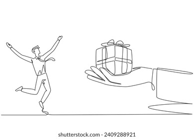 Continuous one line drawing businessman was excited to get gift box from a giant hand. Get important rewards. Memories of extraordinary career achievements. Single line draw design vector illustration