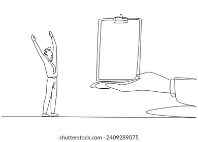 Continuous one line drawing the businessman was excited to get the clipboard from the giant hand. Important prize. Can do reports anywhere. Make checklist. Single line draw design vector illustration