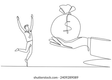 Continuous one line drawing businessman was excited to get money bag from giant hand. Important prize. Smart work that brings benefits. Get company income. Single line draw design vector illustration