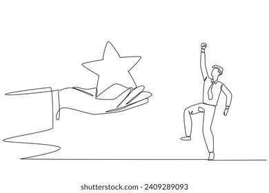 Continuous one line drawing the businessman was happy to get a star from the giant hand. Satisfying review. Get a good rating. Satisfying ranking. The best. Single line draw design vector illustration