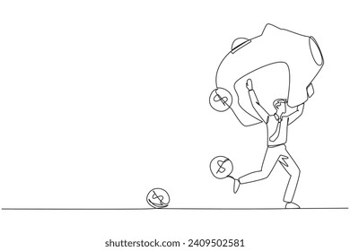Continuous one line drawing businessman running lifting piggy bank on shoulders. Dollar symbol coin falling. Leak has occurred. Saving financial condition. Single line draw design vector illustration