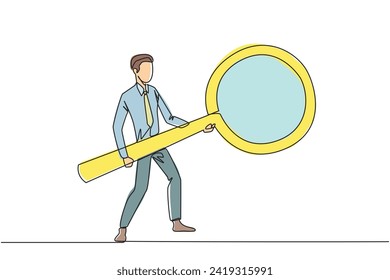 Continuous one line drawing businessman standing holding a giant magnifier. Resembling a guitar player, he searches, analyzes, finds all the necessary data. Single line draw design vector illustration