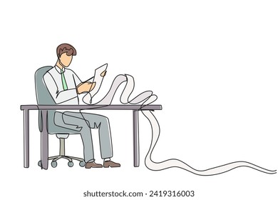 Continuous one line drawing of businessman sitting in work chair holding roll of billing paper. Monthly recurring bill payment. Employee salary bills and other payments. Single line draw design vector