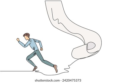 Continuous one line drawing of businessman running chased by pendulum paper rolls bills. Trying to run away from responsibility to pay off all the bills. Single line draw design vector illustration